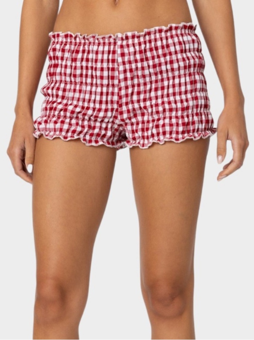 Edikted Red Gingham Ruffle Hem Women's Shorts